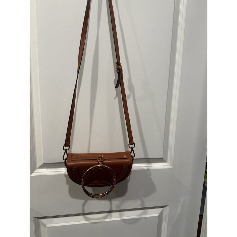 Brown Faux Leather Half Moon Crossbody Bag Gold Ring Handle Purse - Picture 2 of 8